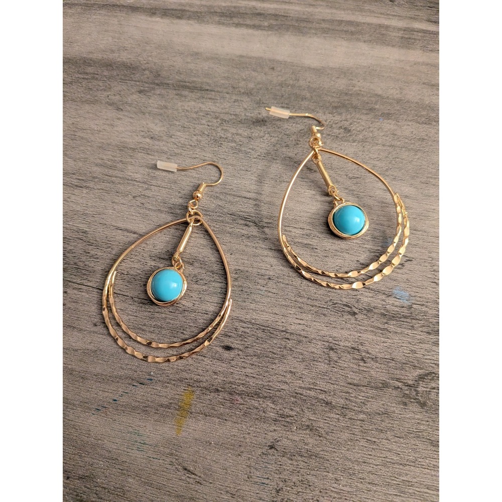 Gold Tone Layered Teardrop Turquoise Cabochon Dangle Earrings Boho Southwestern